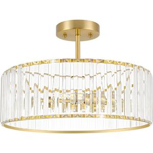 Modern Crystal Ceiling Light Fixture, Semi Flush Mount Ceiling Light, Brushed Brass Hallway Lighting Fixtures Chandelier, Crystal Chandelier for Kitchen Bedroom Dining Room Closet, 5-Light, 16 Inch