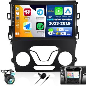 [8 Core 4G+64G] Car Radio for Ford Fusion Mondeo 2013-2019 with Wireless Apple Carplay Android Auto,9'' Touchscreen Android 13 Car Stereo with WiF/GPS Navigation,Bluetooth,FM/RDS,SWC+Backup Camera