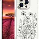 Topgraph Compatible with iPhone 15 Pro Case Designer Cute Clear for Women,Cool Transparent Silicone Phone Cases Cover - Black Flowers Line Art 2 Pack