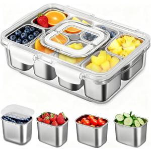 Snackle Box Container, Stainless Steel Divided Serving Tray with Lid and Handle, Large Snack Tray for Fruit Veggie Candy, 8-Compartment Snack Platter for Travel Party Beach Picnic