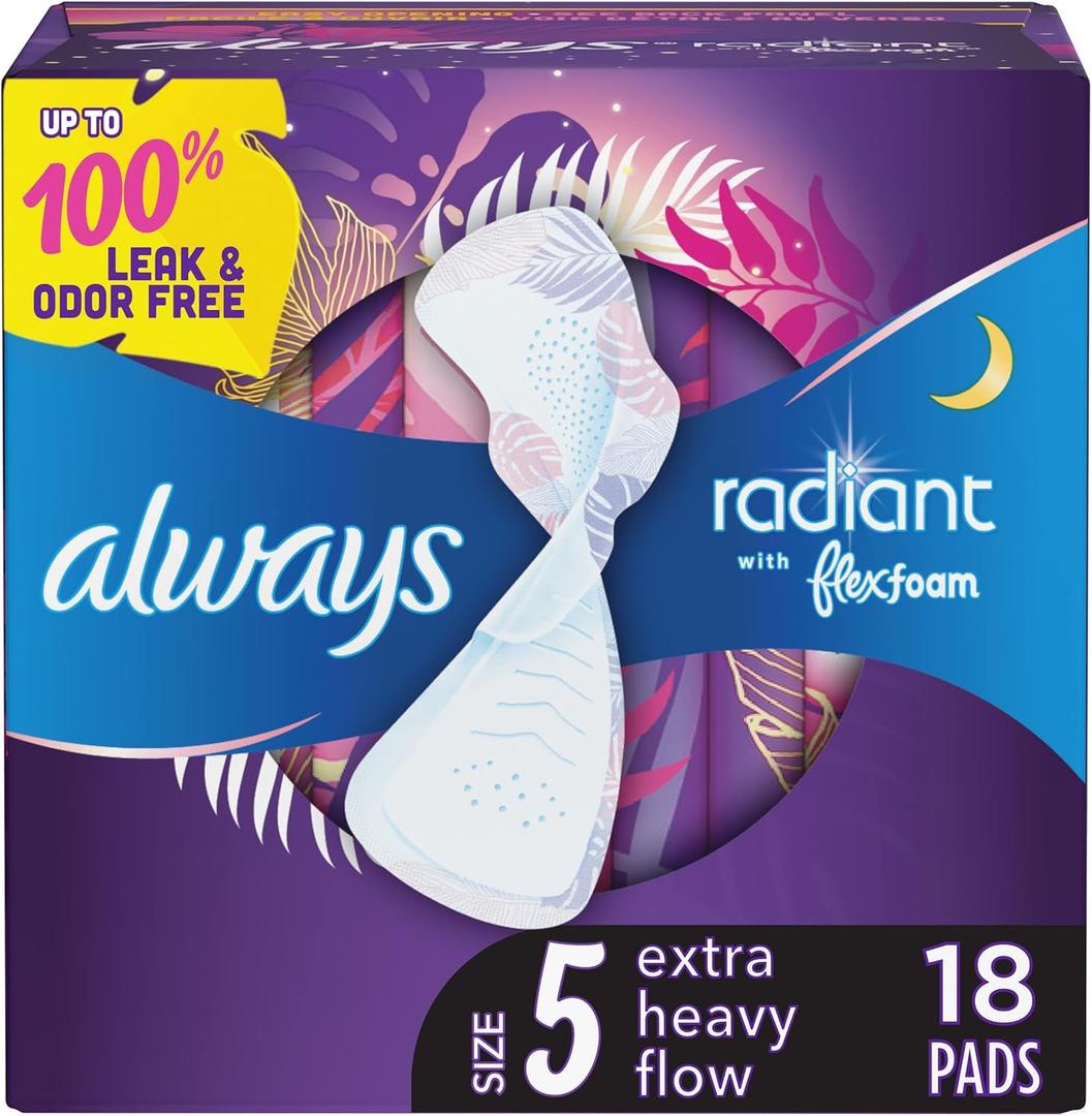 Always Radiant Flexfoam Pads for Women, Size 5, Extra Heavy Overnight Absorbency, With Wings, Scented, 18Count