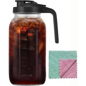 64oz Glass Pitcher Carafes With Handle and Lid, 2 Quart Mason Jar, Large Water Jug, Glass Containers for Fridge, Water Pitcher for Juice, Iced & Sun Tea, Cold Brew Coffee, Homemade Beverage (Black)
