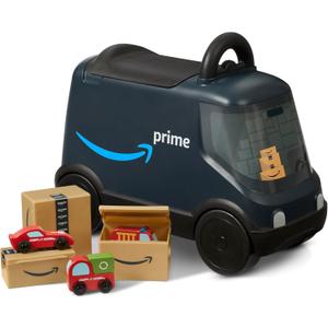 Radio Flyer Amazon Delivery Van, For Ages 2+, Ride and Deliver Truck for Kids, Under Seat Storage, Stationary Handle, Ergonomic Seat, Includes 3 Mini Amazon Boxes & 3 Wooden Toys, Toddler Ride On Toys
