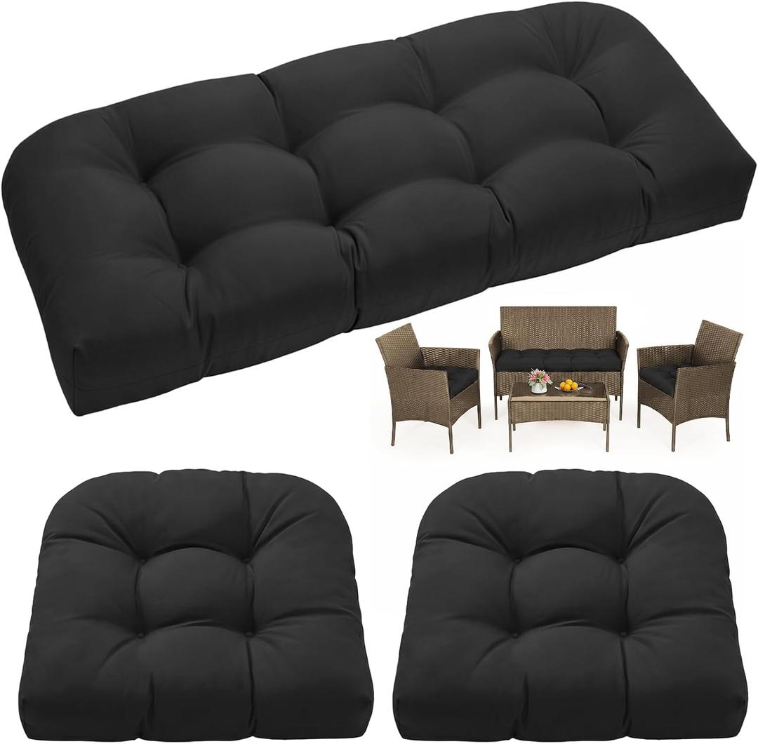 Wicker Chair Cushions of 3 Pieces, Waterproof Outdoor Loveseat Cushion for Patio Furniture Wicker Chair and Loveseat Settee Bench, 1 Loveseat and 2 U-Shaped Thickened Cushions, Black