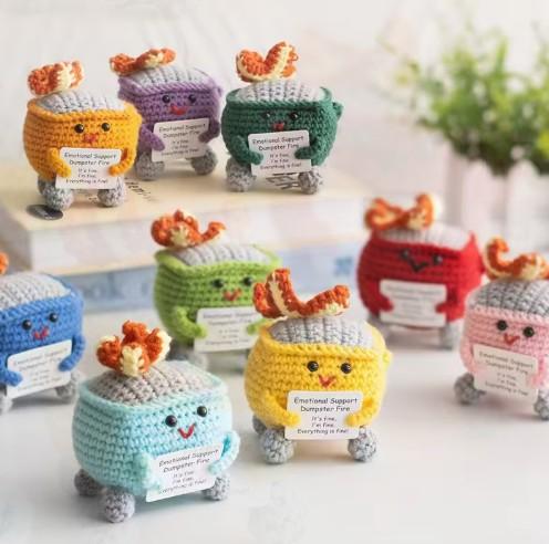 RovyFota Emotional Support Crochet Dumpster Fire with Positive Card Cute Room Decor Knitted Toys Funny Crochet Support Buddies Gifts for Friends (12pcs Mix)