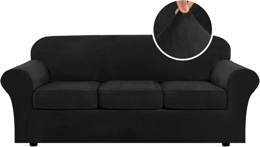 H.VERSAILTEX Modern Velvet Plush 4 Piece High Stretch Sofa Slipcover Sofa Cover Furniture Protector Form Fit Luxury Thick Velvet Sofa Cover for 3 Cushion Couch Width Up to 90 Inch (Sofa, Black)