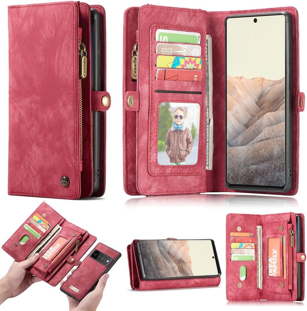 Google Pixel 6A Leather Detachable Wallet Zipper Case with 11 Card Slots Holder Magnetic Case for Google Pixel 6A Flip Wallet Handle Wrist Strap Pocket Handbag (Pixel 6A, Red)
