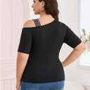 COZYEASE Women's Plus Size Striped Bowknot Cold Shoulder Tee Tops Half Sleeve Slim Fit Casual T Shirt (Black, XXL)