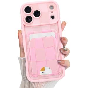 KANGHAR Compatible with iPhone 17 Pro Max Case 2025, Wallet Silicone Checkered Cute Pattern, Card Holder Camera Protection Soft Slim Shockproof Edge Cover for Girls Women -Pink