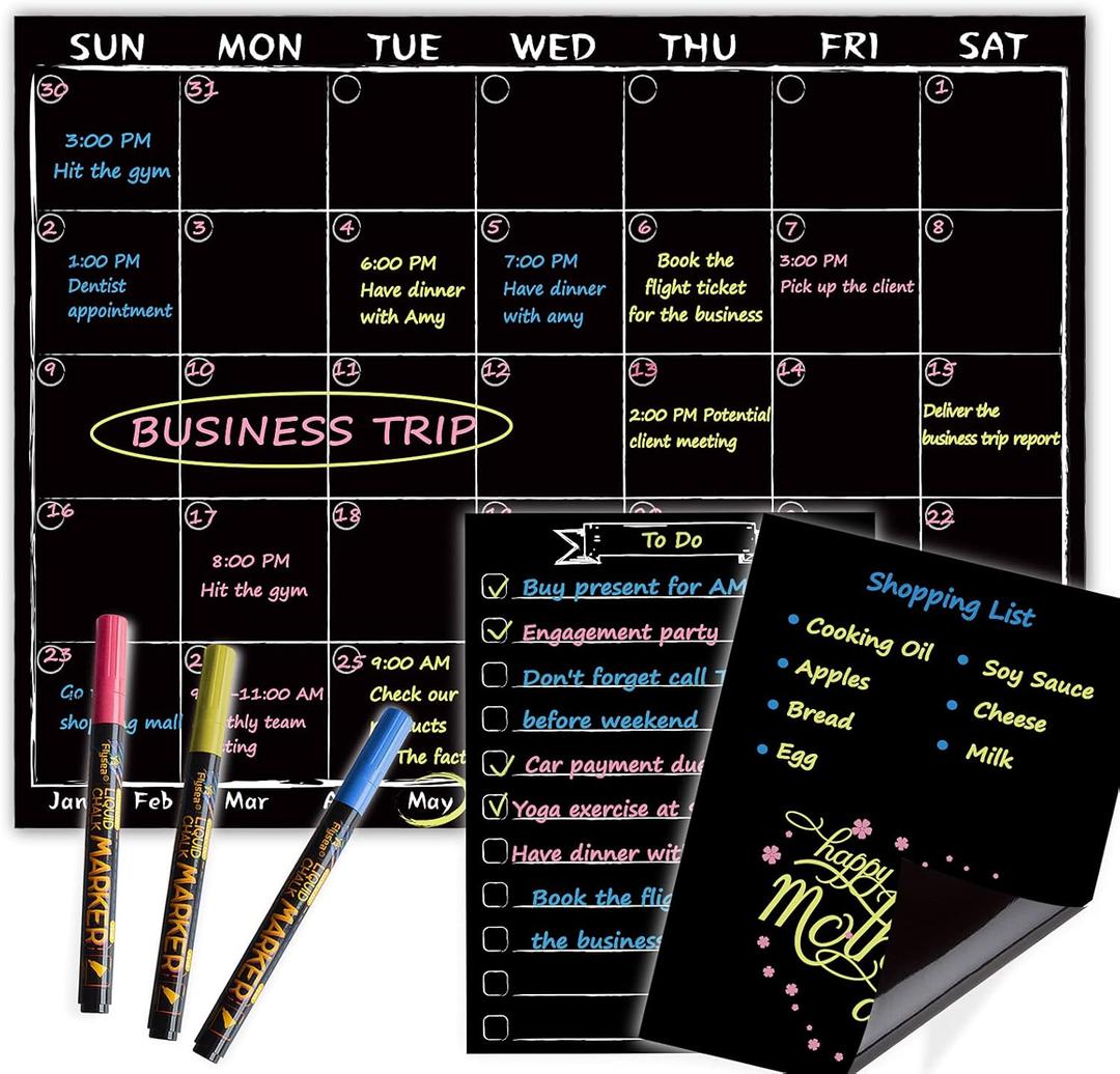 Magnetic Chalkboard Monthly Calendar with neon Bright Liquid Chalk Markers  Black Refrigerator Monthly Planning Board w/Bonus - Grocery List and Notepad for Kitchen Refrigerator