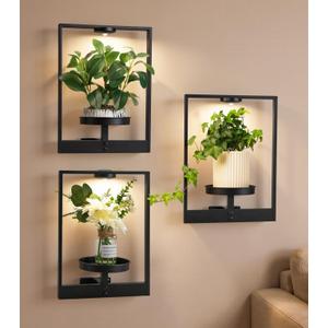 3 Pack Plant Stand with Lights Hanging Planters for Indoor Plants,Picture Frame Wall Plant Holder Metal Modern Style Floating Plant Rack for Living Room Window Balcony Garden Patio Bedroom Entryway