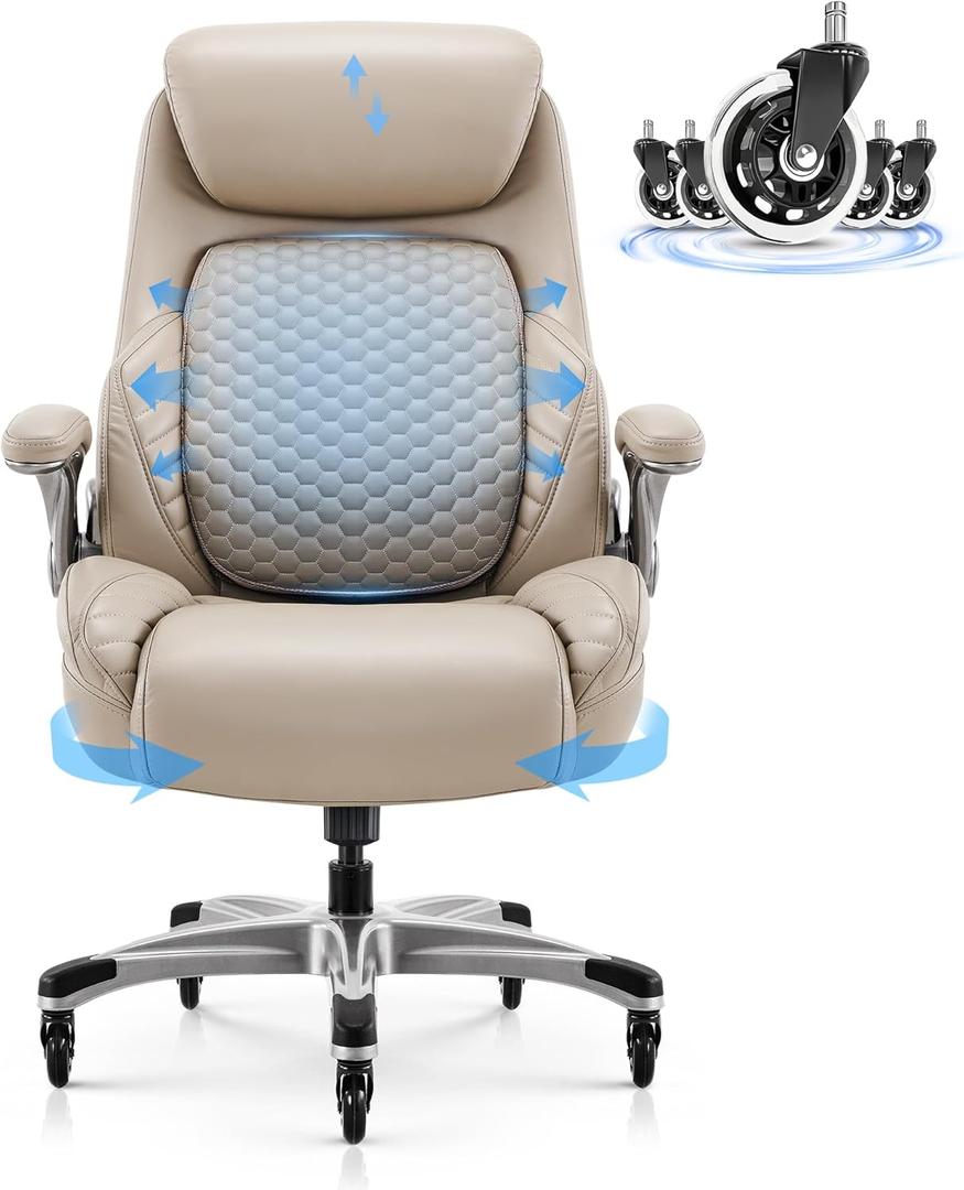 COLAMY Office Ergonomic Desk High Back Executive Chair with Pop-Out Lumbar Support, Upgraded Casters, Adjustable Headrest, Flip-Up Arms, Leather Home with Thick Cushion - Khaki