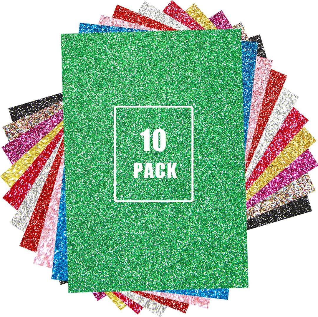 Glitter Iron on Vinyl for T Shirts, HTV Heat Transfer Vinyl Bundle Sparkly Sheets 10 Pack 12x10 INCH with Pink Gold Green Red and Purple Easy Weed, Sparkle Shimmer Iron-on Vinyl