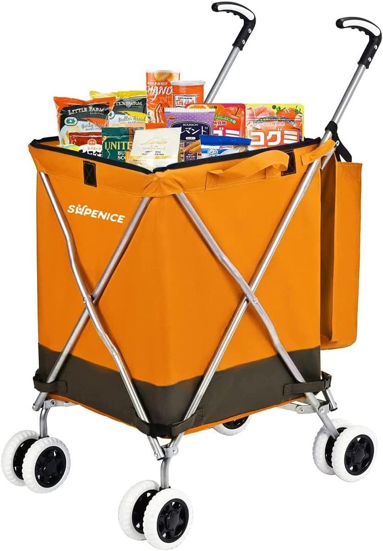 Carritos de compras para comestibles, carrito plegable con ruedas giratorias delanteras dobles de 360, impermeable, extrable, forro de lona con cubierta para lavandera, comestibles (Naranja)
