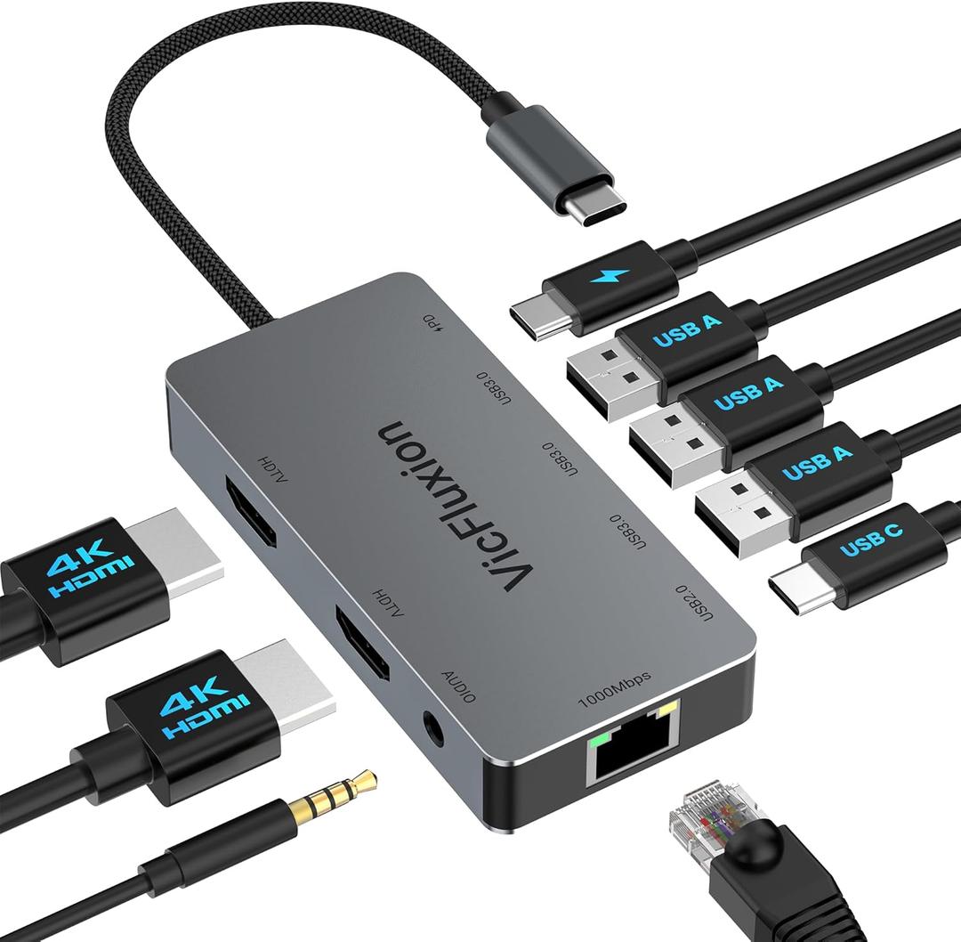 USB C Docking Station Dual Monitor, 9in1 USB Hub with 2 HDMI 4K@60HZ, 1×1000Mbps Ethernet, 3× USB 3.0, 1× Type C, 1× PD Charging, 1×3.5mm Audio, Dock for Laptop/Computer/Tablets/Windows