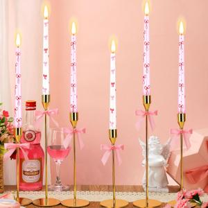 12 Set Pink Bow Taper Candles 10 Inch Unscented Coquette Birthday Decoration Candles Pink Bow Party Supplies for Girl Women Baby Shower Bridal Bachelorette Birthday Wedding Party Decorations