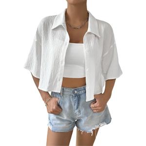 SHENHE Women's Button Down Short Sleeve Shirt Collared Crop Top Blouse | Oversized Shirt For Women,Textured Collared Crop Top,Half Sleeve (White, M)