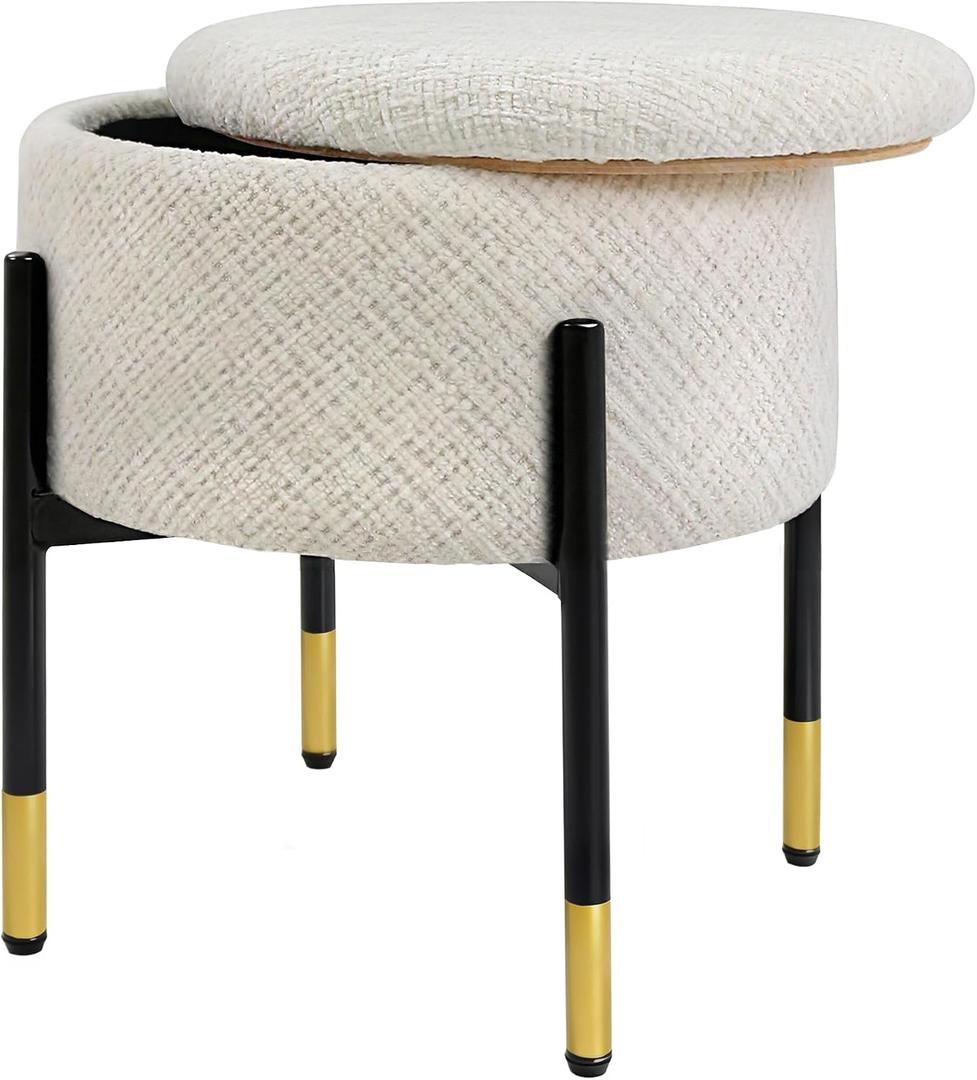 CAROLMADE Round Ottoman with Storage, Velvet Makeup Vanity Stool, Small Ottoman Foot Stool with Coffee Table and Metal Legs for Living Room, Bedroom and Dorm, Beige, 13.8"D x 13.8"W x 17.8"H