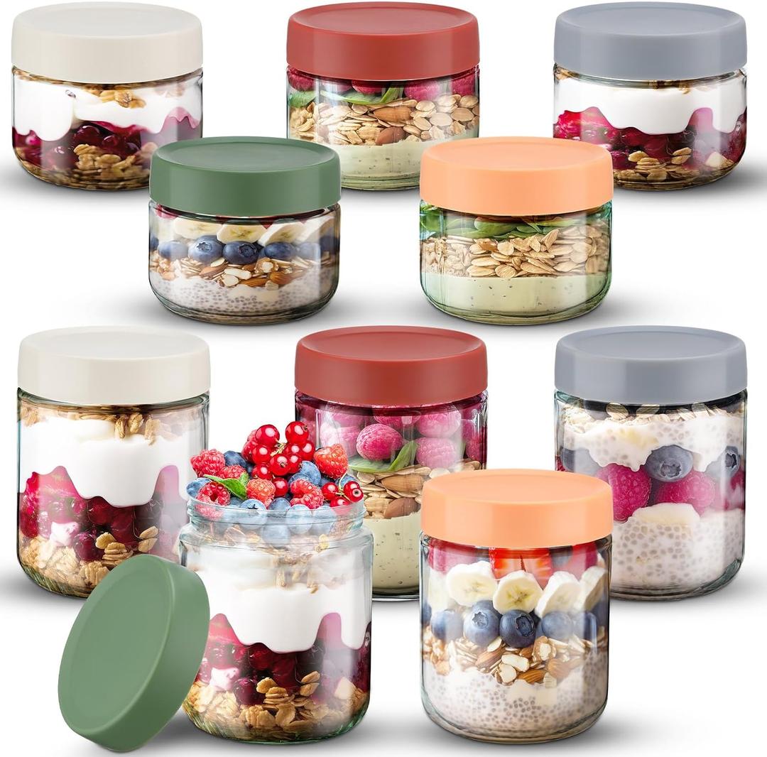 Qinyoung Glass Meal Prep Containers 10 Pcs Overnight Oats Containers with Lids 16 oz and 10 oz Large & Small Glass Jars Breakfast Oatmeal Container Salad Meal Prep Jars for Food Storage(Retro Color)