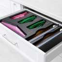 Cozee Bay Bamboo Food Bag Organizer with Foil and Plastic Wrap Organizer, Kitchen Drawer Organizer, Wrap Dispenser with Cutter, for Gallon, Quart, Sandwich, Snack Bags and 12" Roll (Black)