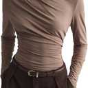 SHENHE Women's Mock Neck Long Sleeve Shirt Ruched Slim Fit Basic Trendy Top Going Out Tee (Medium, Coffee Brown)