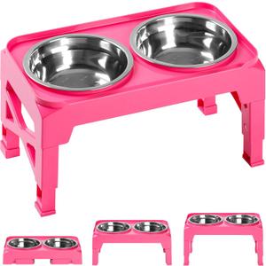 Hubulk Elevated Dog Bowls with 2 Stainless Steel Dog Food & Water Raised Bowls with No Spill Edge Non-Slip Stand Adjusts to 3 Heights(2.75", 6.0", 7.5") for Dogs and Pet (Pink)