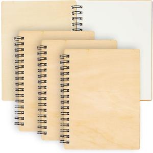 4 Pack Wooden Cover Notebook, Spiral Bound Unruled Plain DIY Craft Journal for Students, Sketches, Writing, Arts and Crafts, Note Taking, 20 Sheets Each 