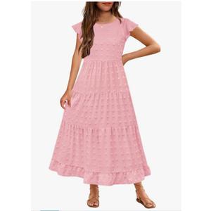 HOSIKA Girls Maxi Dress Ruffle Sleeve Swiss Dot A Line Tiered Flowy Casual Party Dresses with Pockets for 9-10 Y Apricot