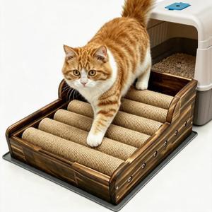 Cat Litter Box Step, 3‑in‑1 Cat Scratch Post,Cat Bed Scratcher(Natural)