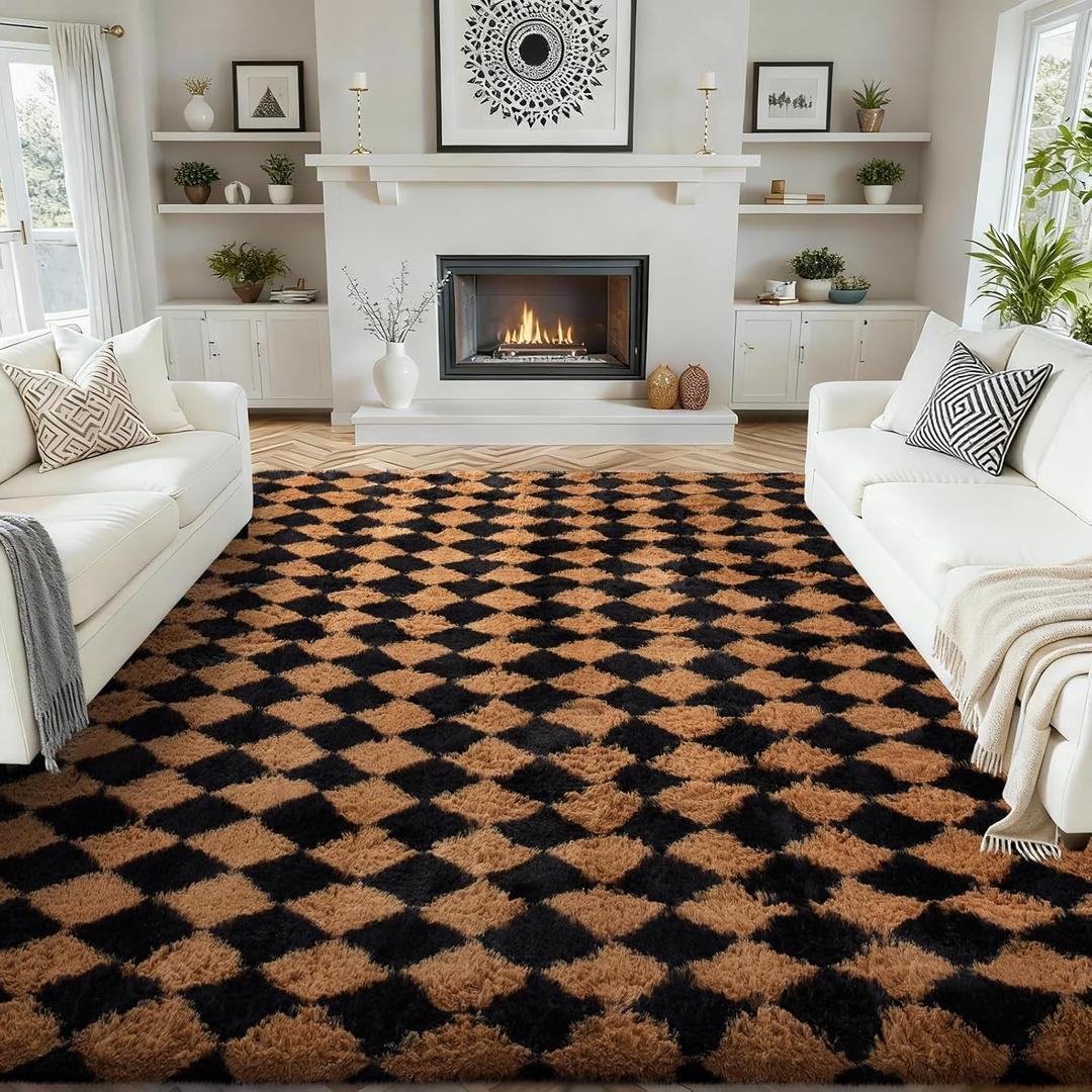 Ophanie Black & Beige Diamond Checkered Rugs for Living Room Bedroom, Large Rhombus Fluffy Soft Fuzzy Area Rugs, Plush Shaggy Bedside Floor 8x10 Carpet for Kids Baby Teen Dorm Home Decor Aesthetic