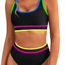 BMJL Women's High Waisted Bikini Sets Sporty Two Piece Swimsuits Color Block Cheeky High Cut Bathing Suits (Medium, Rainbow Black011)