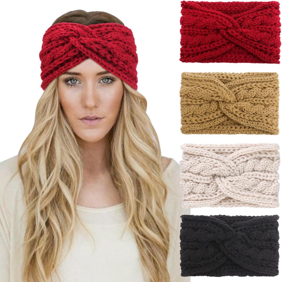 DRESHOW Knit Crochet Headband for Women Ear Warmer Soft Turban Stretch Warmer Headbands Winter Fashion Head Wrap (4 Pack Widened Knitted Cross Knot: Beige, Khaki, Red, Black)