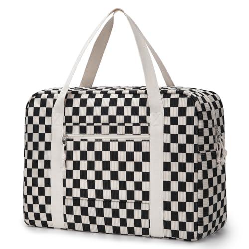 ELONGRIVER Travel Duffel Bag Foldable Weekender Overnight Bag for Men Women Lightweight Carry on Tote Bag For Spirit Airlines Black Corduroy Check