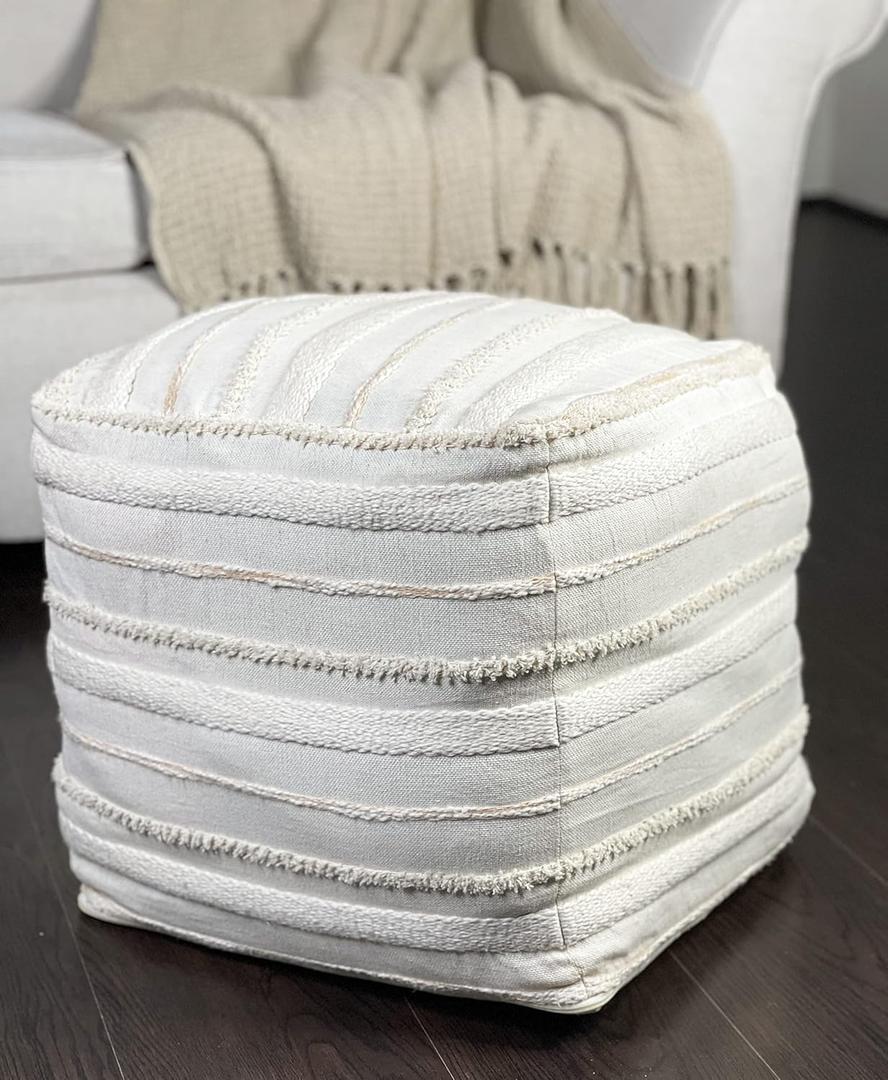 Chardin home Unstuffed Ottoman, Cozy & Bohemian Pouf Covers, Hand Crafted Casual Seating, Footrest, Square Floor Pillow for Home, Office, Bedroom, Living Room, 16 x 16 x16 Inch., Ivory-Beige.