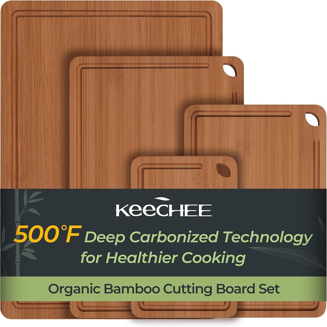 Keechee Wood Cutting Board, Carbonized Bamboo Cutting Boards Set With Smooth Surface & Easy Storage For Busy Kitchens, Ideal Charcuterie & Chopping, Durable, Knife-Friendly (4Pcs), Set of 4