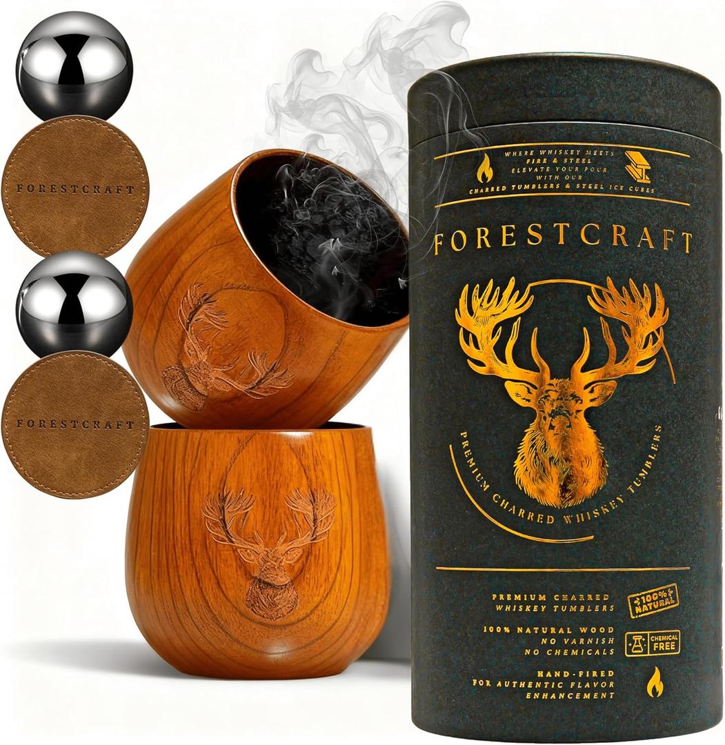 Charred Wooden Whiskey Glass Gift Set of 2  Hand-Fired Jujube Charred Wooden Bourbon Drinking Glass with Stainless Steel Balls & Coasters  No Varnish, Premium Bourbon Barware for Bold Flavor.