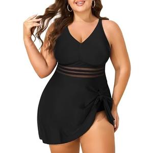 SOTHEA Women's Plus Size Tankini Swimsuits Mesh Two Piece Swim Dress Criss Cross V Neck Swimwear with Briefs 18 W