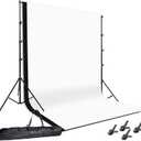 Photo Background Support System with 8.5 x 10ft Backdrop Stand Kit, 100% Cotton Muslin Backdrop (White Black),Clamp, Carry Bag for Photography Video Studio