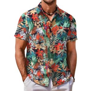 COOFANDY Mens Hawaiian Shirt Short Sleeve Button Down Shirt Tropical Summer Beach Shirt (Small, Monstera-orange)