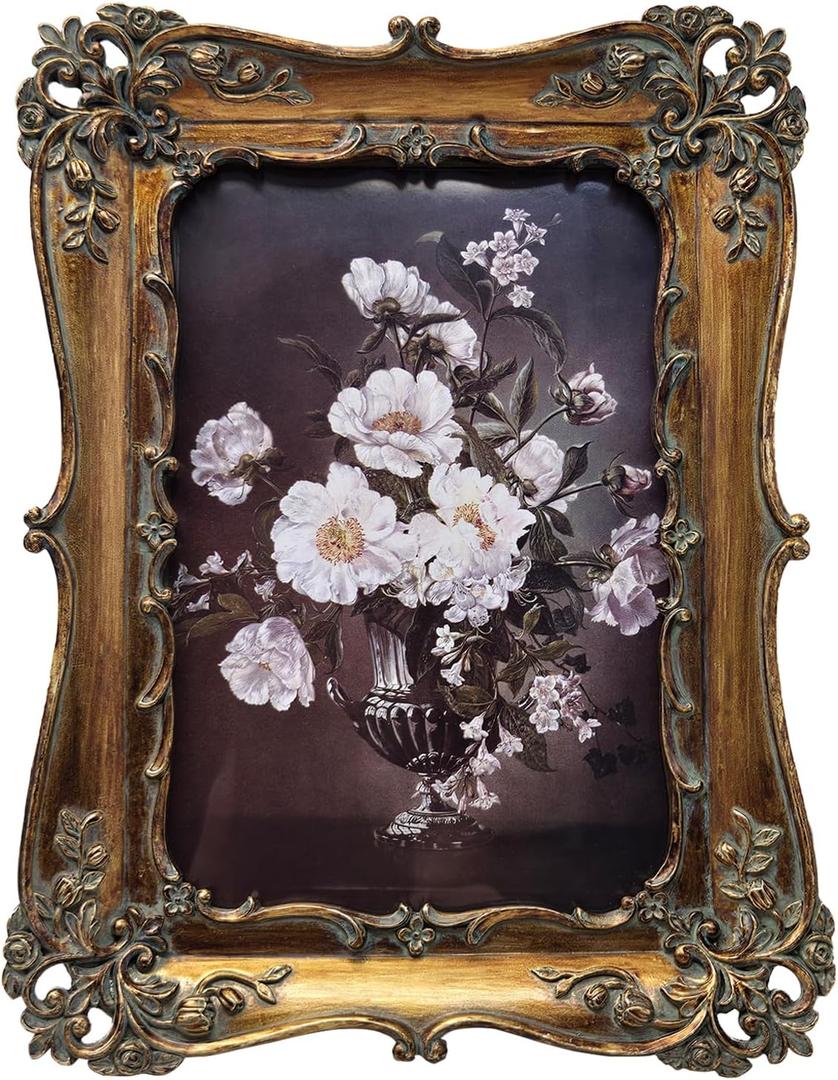 4x6 Vintage Picture Frame, Antique Bronze Gold Ornate Photo Frame for Wall Hanging or Tabletop Display, Decorative Floral Design Retro Home Decor, Photo Gallery Art