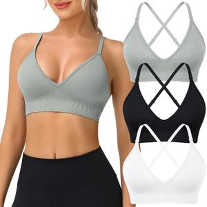 WANAYOU Sports Bras for Women, Deep V Neck Adjustable Spaghetti Strap Criss Cross Back Sports Bra Padded Gym Bralettes 3 Pack, M