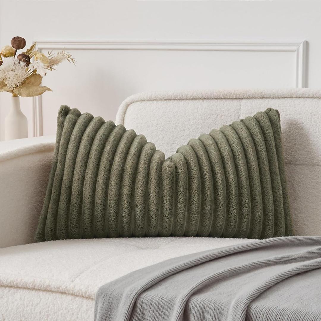 UGASA Lumbar Throw Pillow Cover 14x24 Inch Set of 1 Super Soft Faux Fur Decorative Pillow Case Plush Flannel Texture Accent Rectangle Pillowcase for Sofa Couch Living Room Chair, Olive Green
