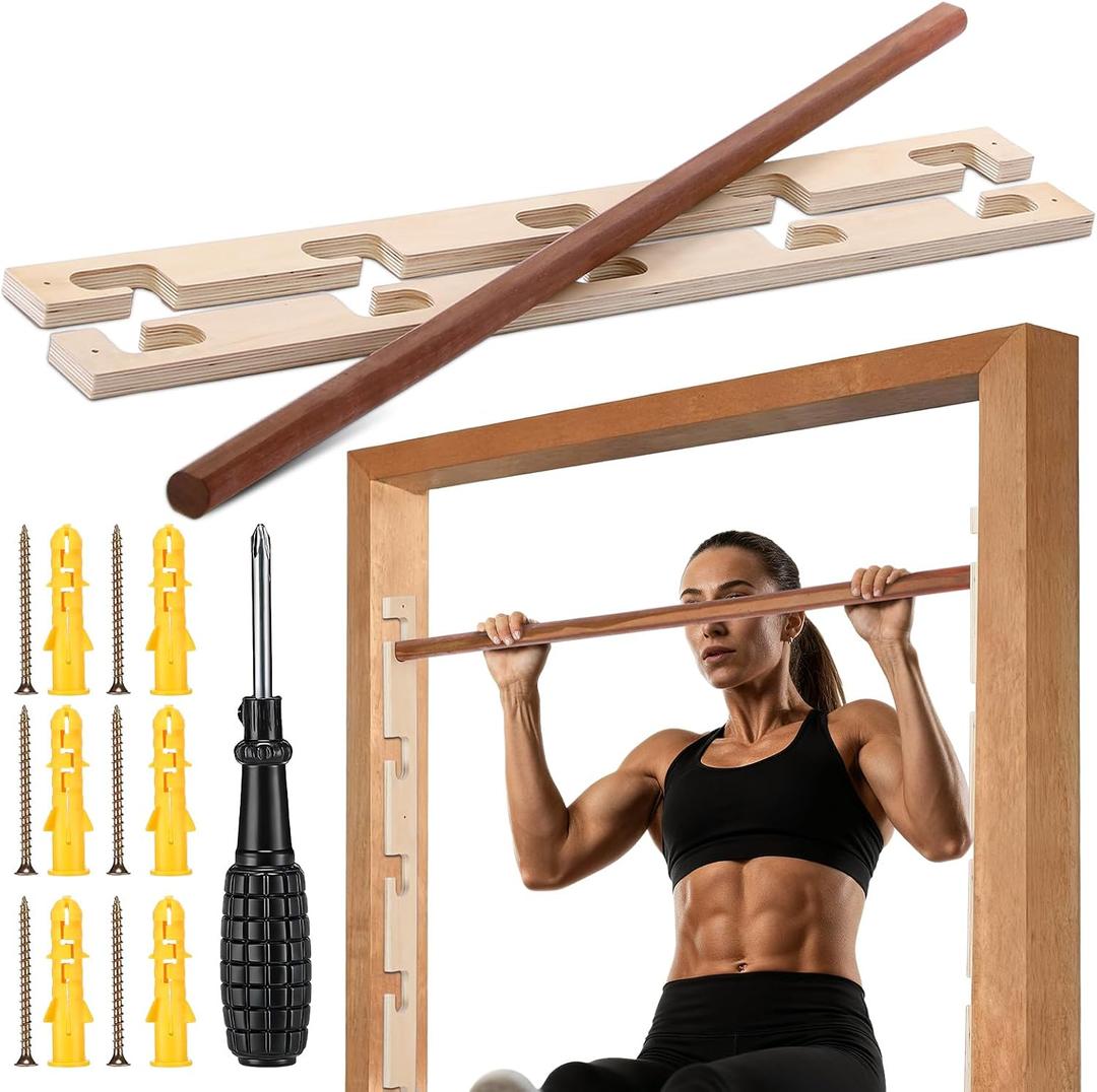 Leinuosen Doorway Pull-up Bar Sets Adjustable 5 Levels Wooden Doorway Pull-up Bar and 2 Door Frame with 6 Sets of Screw-in Heavy-duty Door-mounts to Fits 118cm