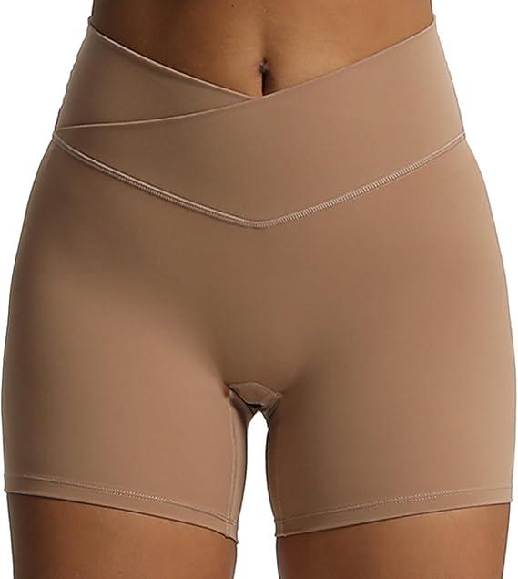 Aoxjox Trinity Workout Biker Shorts for Women Cross-Waist Crossover High Waisted Tummy Control Athletic Running Yoga Short 6" (Brownie, X-Large)