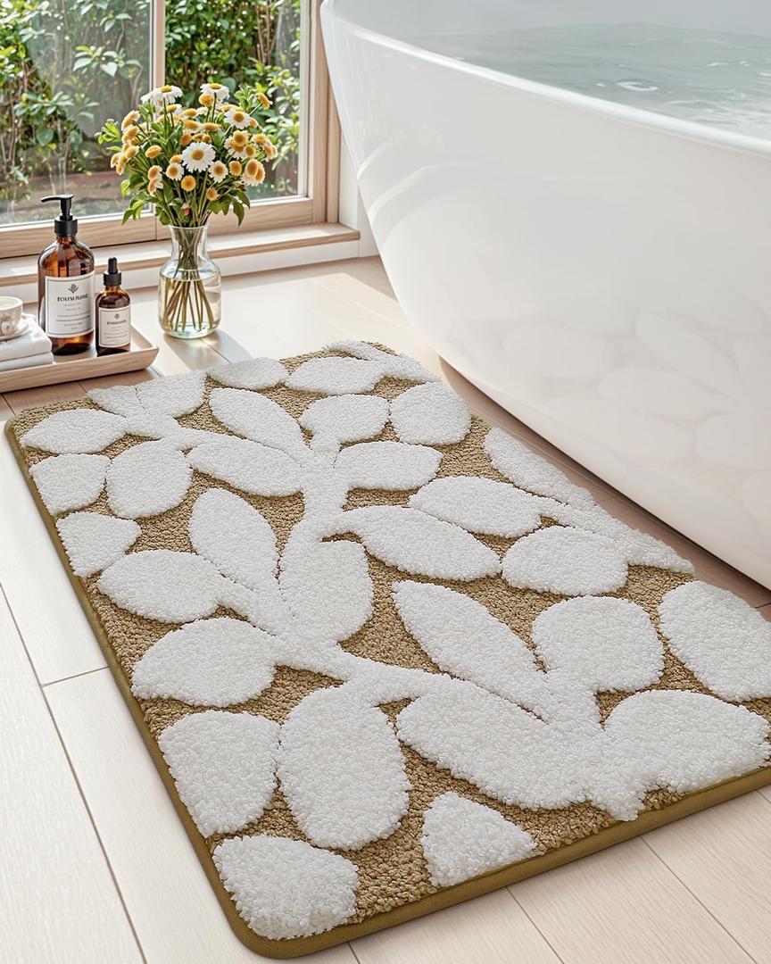 DEXI Bathroom Rugs Non Slip, 16x24 Washable Microfiber Bath Mat Quick Dry, Absorbent Ultra Soft Leaf Plant Bathmat for Shower Floor Tub Sink, Brown