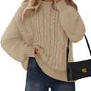 MEROKEETY Womens Fall Cable Knit Sweaters 2025 Long Lantern Sleeve Crewneck Chunky Loose Pullover Tops Winter Clothes (Beige, L)