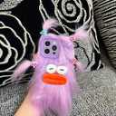 Purple Furry Ugly Phone Case for iPhone 16 Pro, Cute DIY Long Hair Funny Thick Mouth Warm Plush Cases, 3D Cartoon Silly Fuzzy Winter Protective Cover for Women Girls