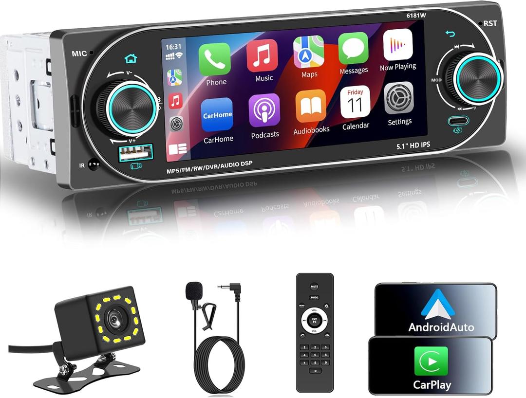 Wireless Single DIN Car Stereo Apple CarplayDual Knobs & HD Touchscreen Radio for Car Bluetooth 5.3 Car Play Android Auto, 60W x 4 Output, AM/FM RadioUSB,SWC, Backup Camera 6181A