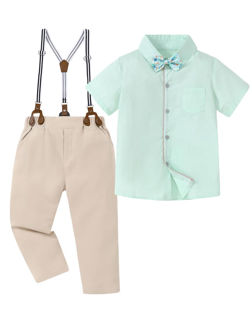 DISAUR Toddler Boy Clothes Suit, Formal Dress Shirt with Bowtie+Suspender Pants Boy Gentleman Wedding Outfits Green, 7-8t