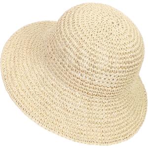 Womens Sun Hat Handmade Crochet Straw Bucket Hat Summer UV Protection Foldable Travel Cap UPF 50+ (Beige)
